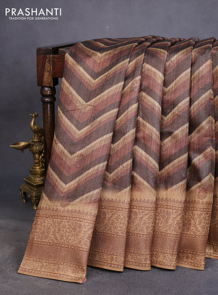 Semi banarasi tussar saree brown and dark sandal with allover zig zag prints & woven buttas and woven border