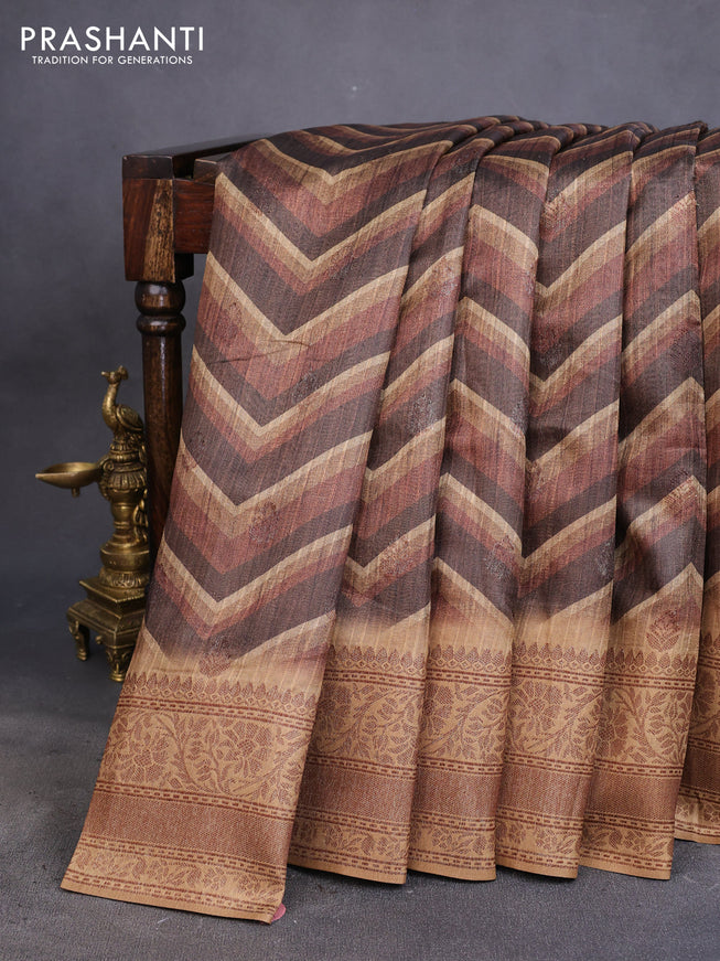 Semi banarasi tussar saree brown and dark sandal with allover zig zag prints & woven buttas and woven border