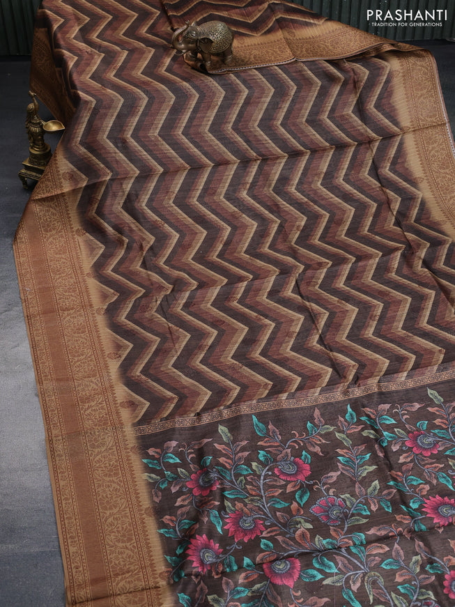 Semi banarasi tussar saree brown and dark sandal with allover zig zag prints & woven buttas and woven border