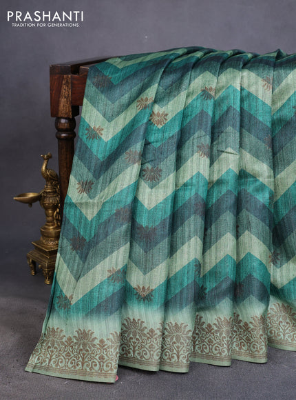 Semi banarasi tussar saree green with allover zig zag prints & woven buttas and woven border