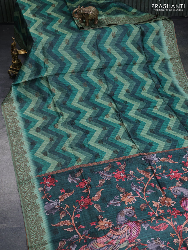 Semi banarasi tussar saree green with allover zig zag prints & woven buttas and woven border