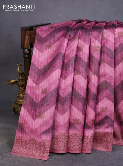 Semi banarasi tussar saree dark magenta pink with allover zig zag prints & woven buttas and woven border