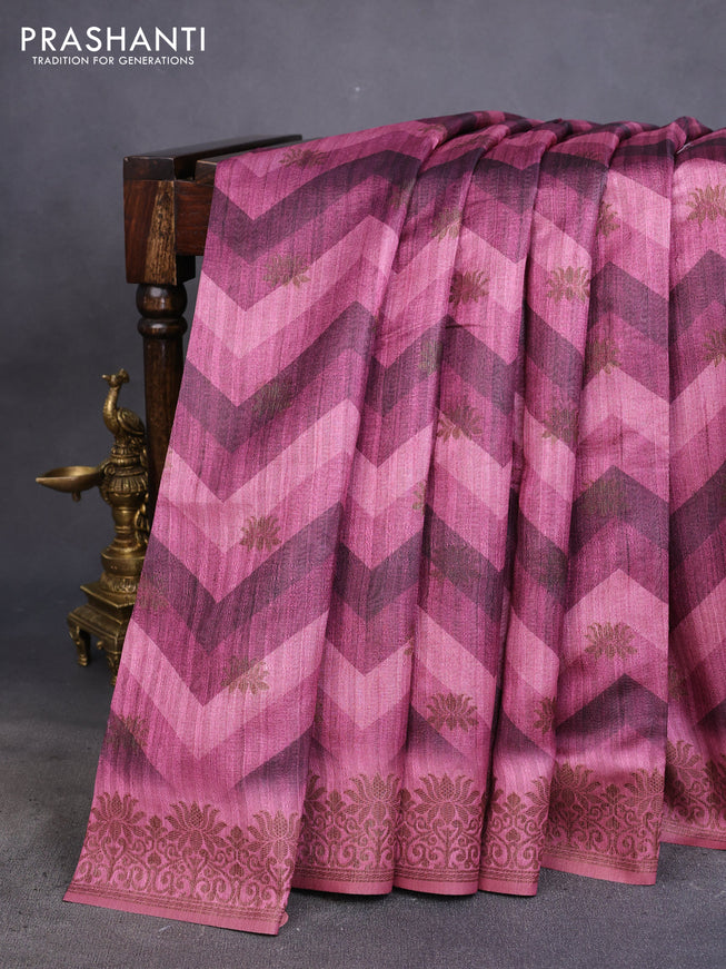 Semi banarasi tussar saree dark magenta pink with allover zig zag prints & woven buttas and woven border