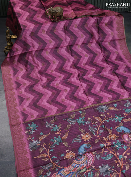 Semi banarasi tussar saree dark magenta pink with allover zig zag prints & woven buttas and woven border