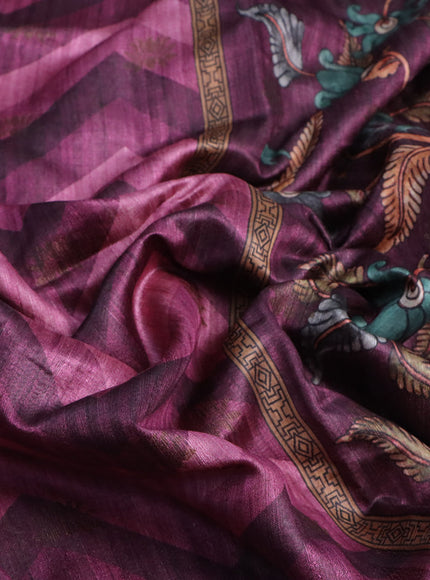 Semi banarasi tussar saree dark magenta pink with allover zig zag prints & woven buttas and woven border