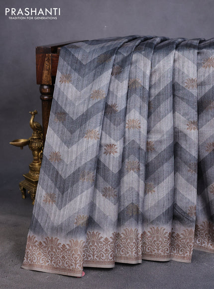 Semi banarasi tussar saree grey with allover zig zag prints & woven buttas and woven border