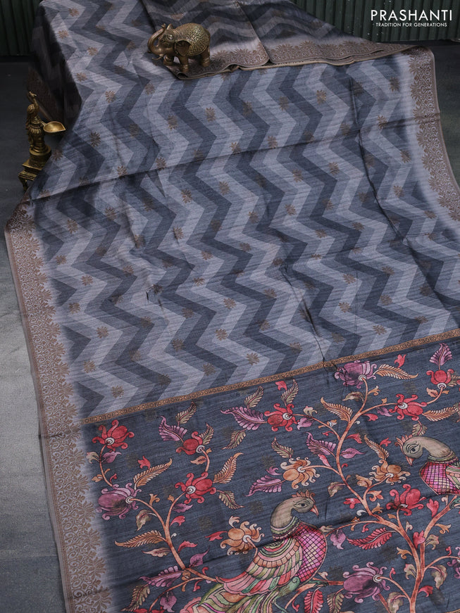 Semi banarasi tussar saree grey with allover zig zag prints & woven buttas and woven border