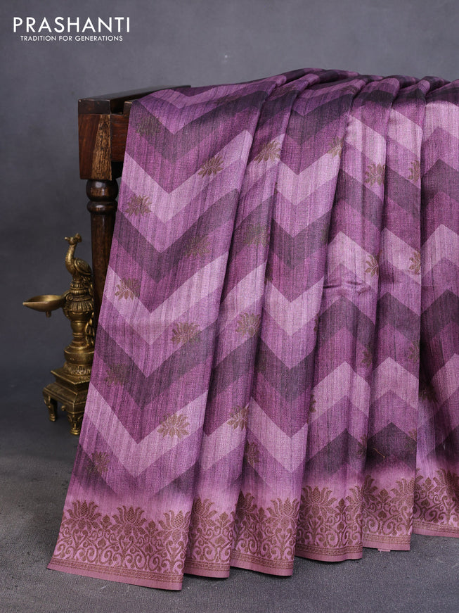 Semi banarasi tussar saree mild purple with allover zig zag prints & woven buttas and woven border