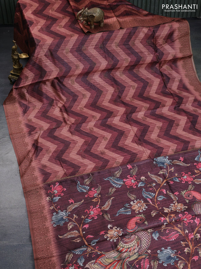 Semi banarasi tussar saree brown shade with allover zig zag prints & woven buttas and woven border