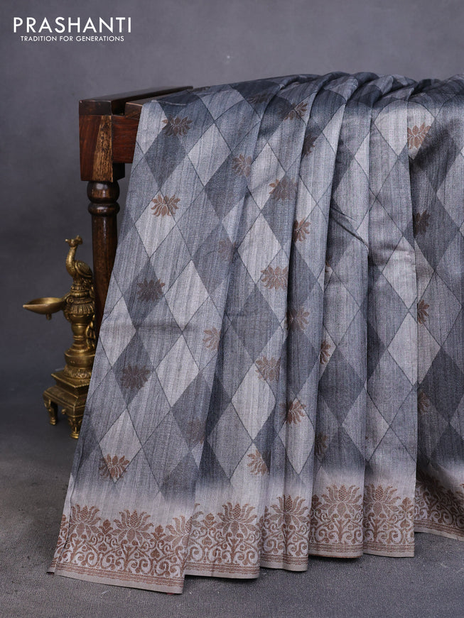 Semi banarasi tussar saree grey with geometric prints & woven buttas and woven border