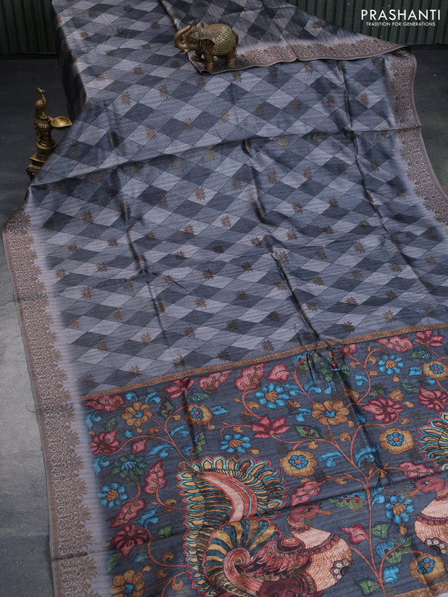 Semi banarasi tussar saree grey with geometric prints & woven buttas and woven border