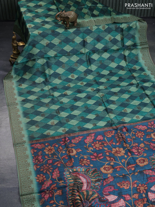 Semi banarasi tussar saree green with geometric prints & woven buttas and woven border