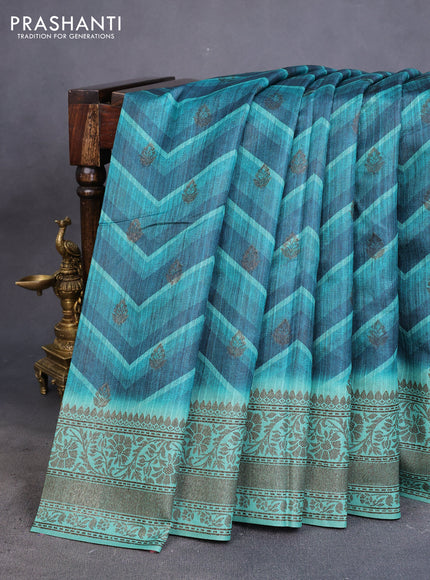 Semi banarasi tussar saree peacock green and teal green with allover zig zag prints & woven buttas and woven border