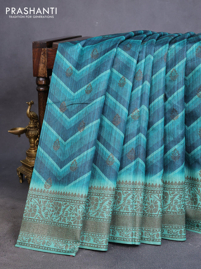 Semi banarasi tussar saree peacock green and teal green with allover zig zag prints & woven buttas and woven border