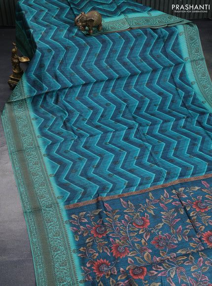 Semi banarasi tussar saree peacock green and teal green with allover zig zag prints & woven buttas and woven border