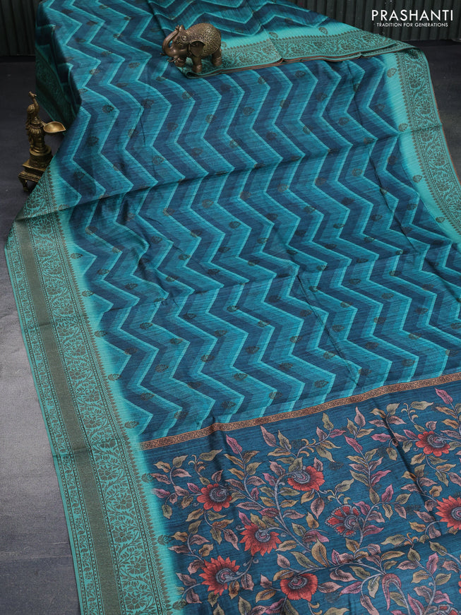 Semi banarasi tussar saree peacock green and teal green with allover zig zag prints & woven buttas and woven border