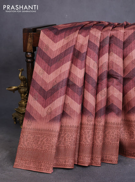 Semi banarasi tussar saree brown shade and rust shade with allover zig zag prints & woven buttas and woven border