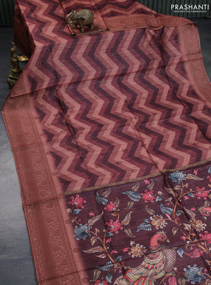 Semi banarasi tussar saree brown shade and rust shade with allover zig zag prints & woven buttas and woven border