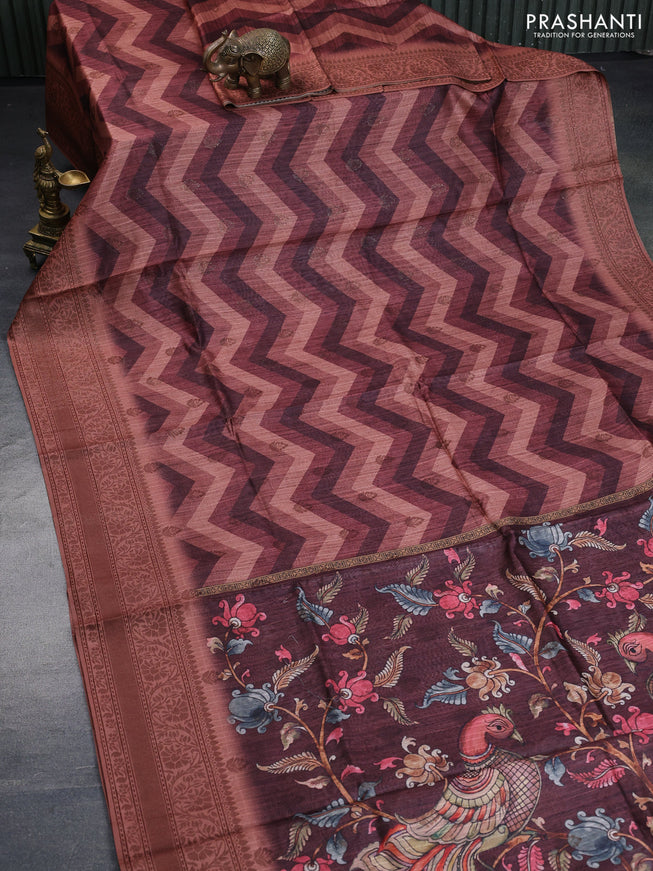 Semi banarasi tussar saree brown shade and rust shade with allover zig zag prints & woven buttas and woven border