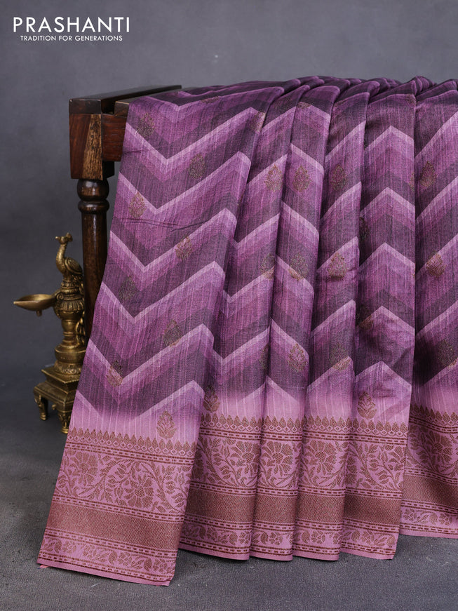 Semi banarasi tussar saree purple shade and pastel pink with allover zig zag prints & woven buttas and woven border