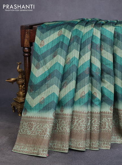 Semi banarasi tussar saree green with allover zig zag prints & woven buttas and woven border