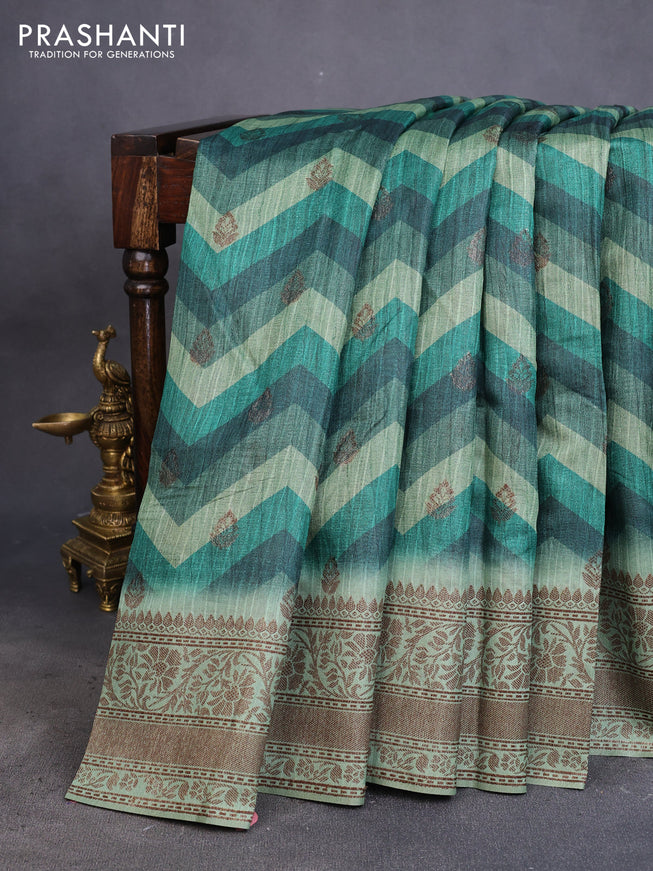 Semi banarasi tussar saree green with allover zig zag prints & woven buttas and woven border