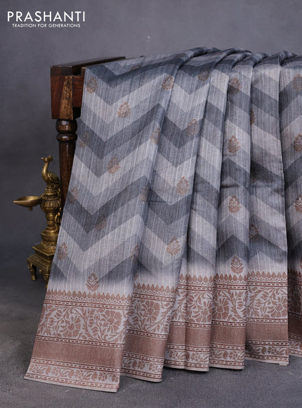 Semi banarasi tussar saree grey with allover zig zag prints & woven buttas and woven border