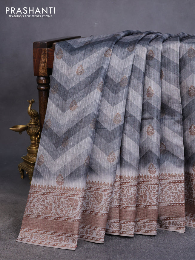 Semi banarasi tussar saree grey with allover zig zag prints & woven buttas and woven border