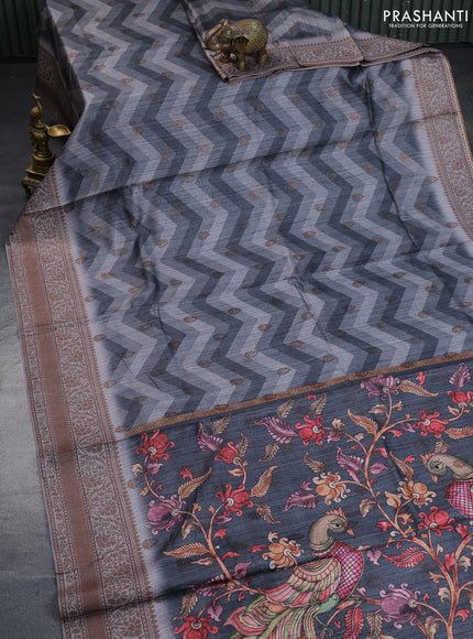 Semi banarasi tussar saree grey with allover zig zag prints & woven buttas and woven border