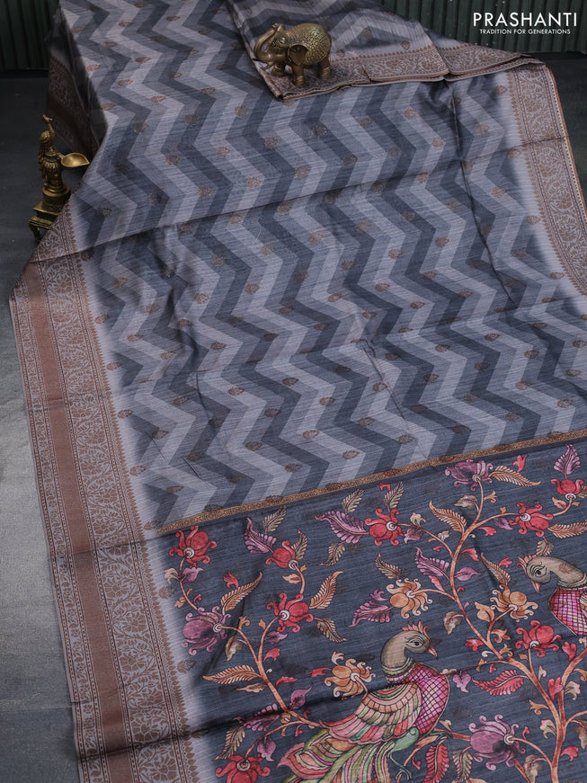 Semi banarasi tussar saree grey with allover zig zag prints & woven buttas and woven border