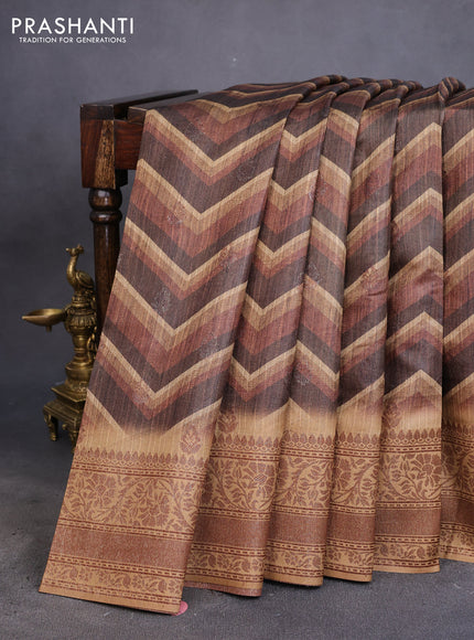 Semi banarasi tussar saree brown and dark sandal with allover zig zag prints & woven buttas and woven border