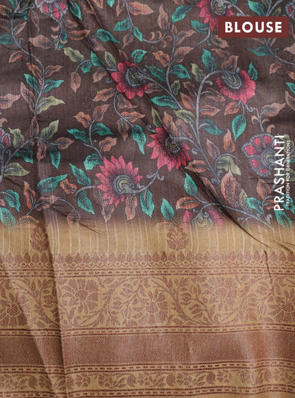 Semi banarasi tussar saree brown and dark sandal with allover zig zag prints & woven buttas and woven border