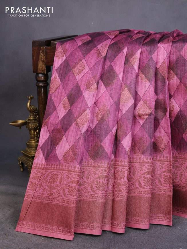 Semi banarasi tussar saree magenta pink with geometric prints & woven buttas and woven border