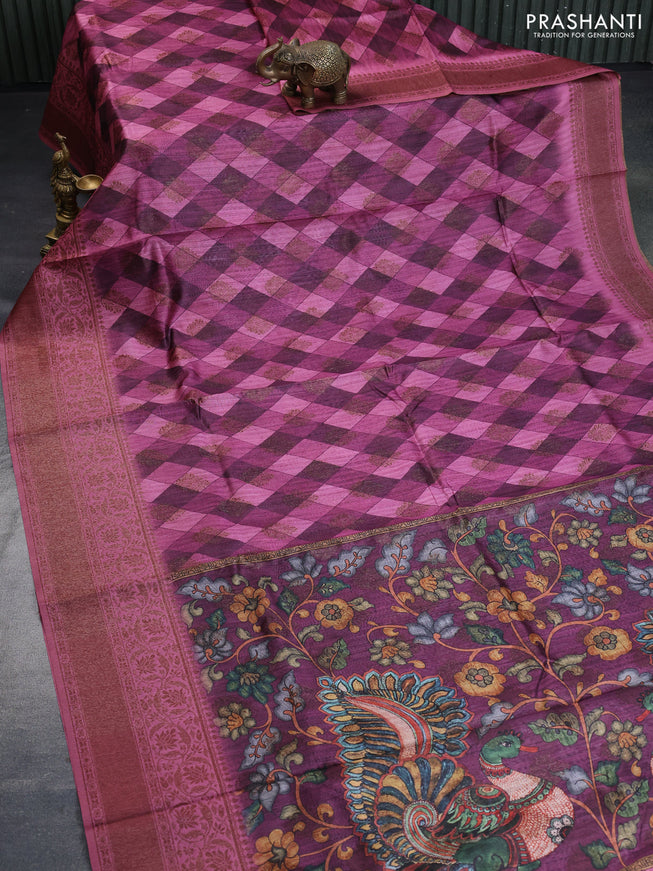 Semi banarasi tussar saree magenta pink with geometric prints & woven buttas and woven border