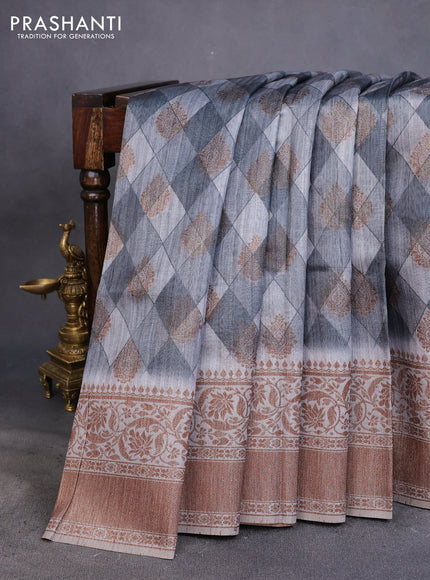 Semi banarasi tussar saree grey with geometric prints & woven buttas and woven border