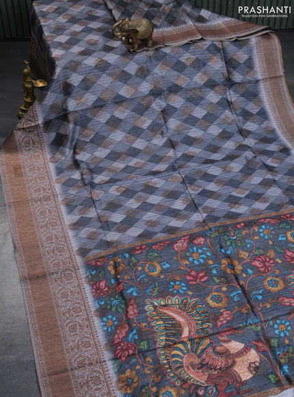 Semi banarasi tussar saree grey with geometric prints & woven buttas and woven border