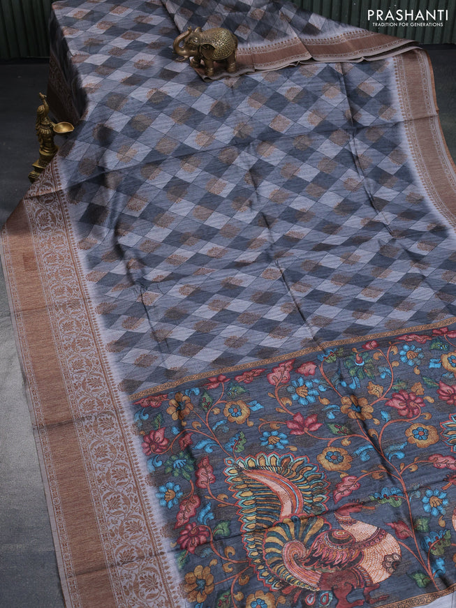 Semi banarasi tussar saree grey with geometric prints & woven buttas and woven border