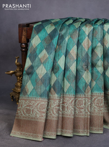 Semi banarasi tussar saree green shade with geometric prints & woven buttas and woven border