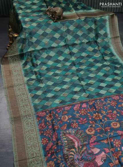 Semi banarasi tussar saree green shade with geometric prints & woven buttas and woven border