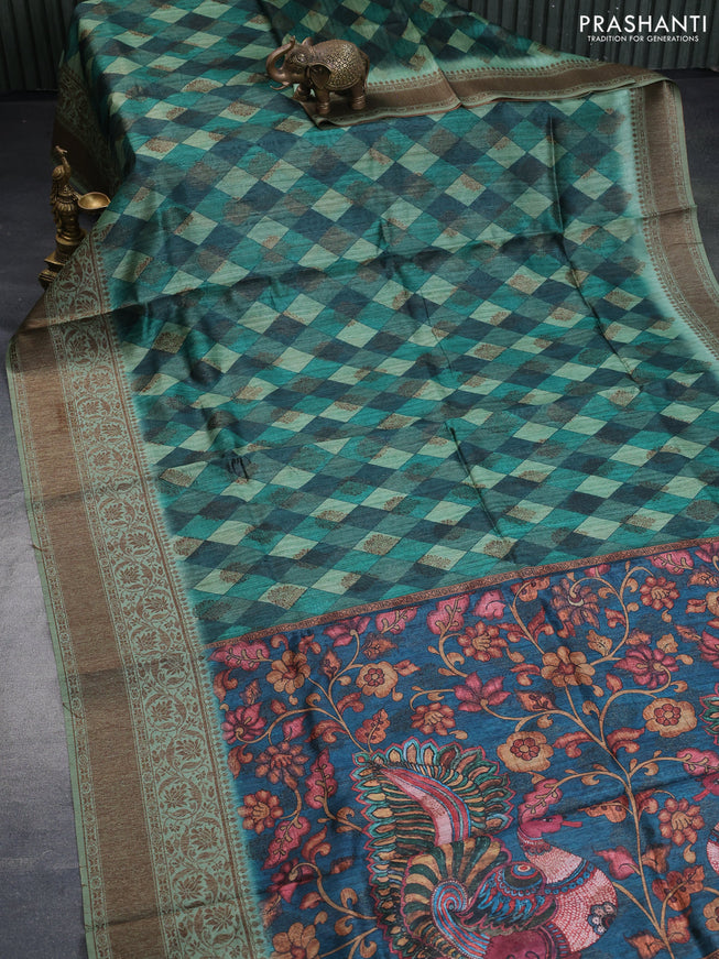 Semi banarasi tussar saree green shade with geometric prints & woven buttas and woven border