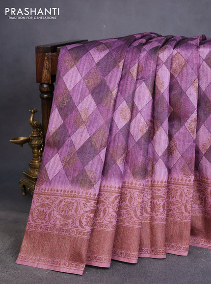 Semi banarasi tussar saree mild purple and mauve pink with geometric prints & woven buttas and woven border