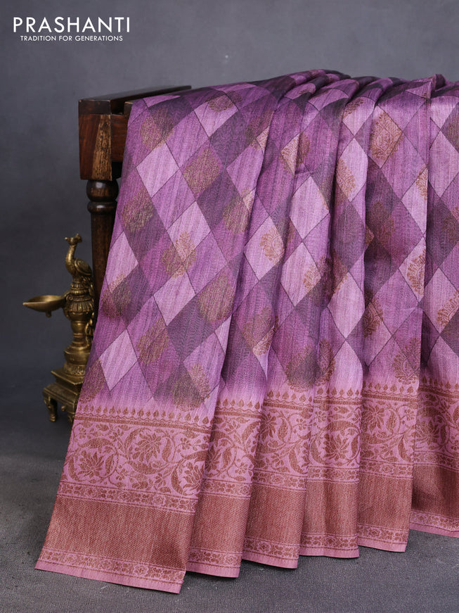 Semi banarasi tussar saree mild purple and mauve pink with geometric prints & woven buttas and woven border