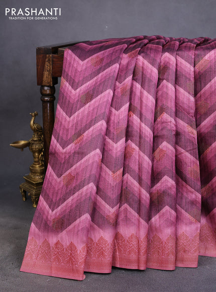 Semi banarasi tussar saree wine shade and mauve pink with allover zig zag prints & woven buttas and woven border