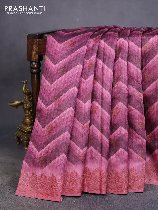 Semi banarasi tussar saree wine shade and mauve pink with allover zig zag prints & woven buttas and woven border