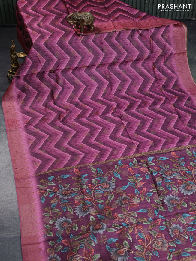 Semi banarasi tussar saree wine shade and mauve pink with allover zig zag prints & woven buttas and woven border