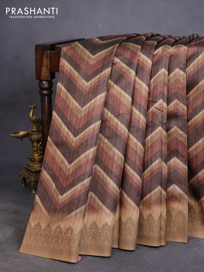 Semi banarasi tussar saree deep brown with allover zig zag prints & woven buttas and woven border