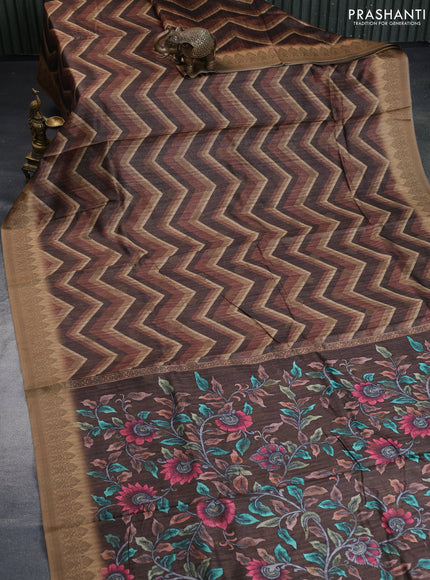 Semi banarasi tussar saree deep brown with allover zig zag prints & woven buttas and woven border