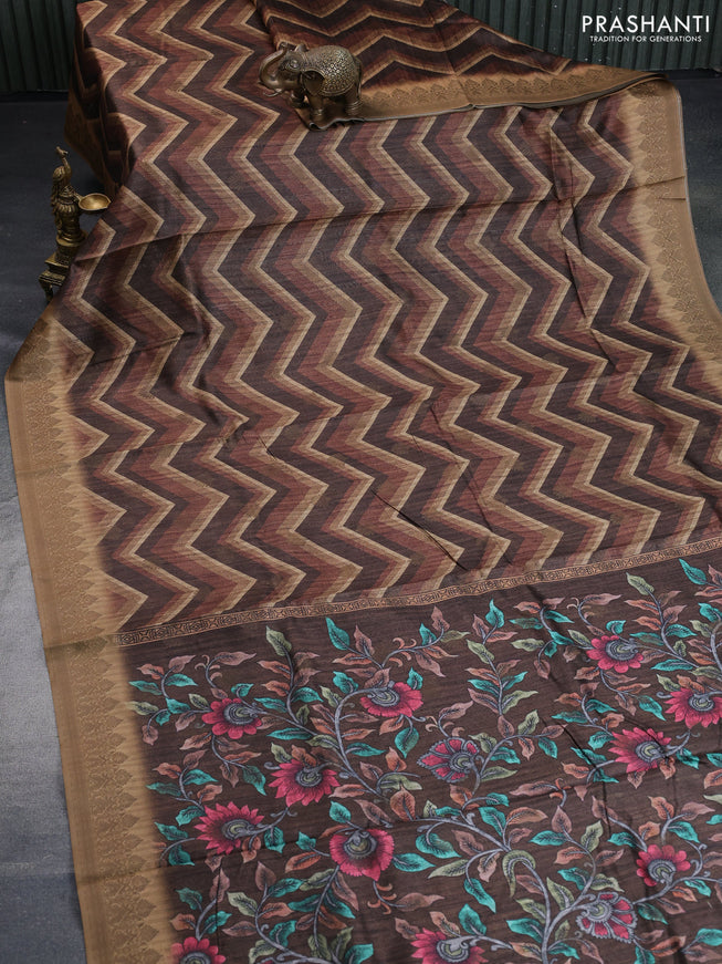 Semi banarasi tussar saree deep brown with allover zig zag prints & woven buttas and woven border