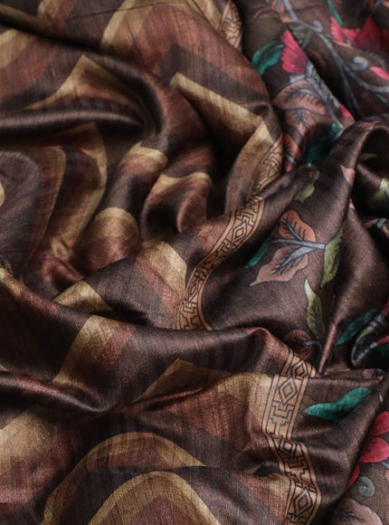 Semi banarasi tussar saree deep brown with allover zig zag prints & woven buttas and woven border