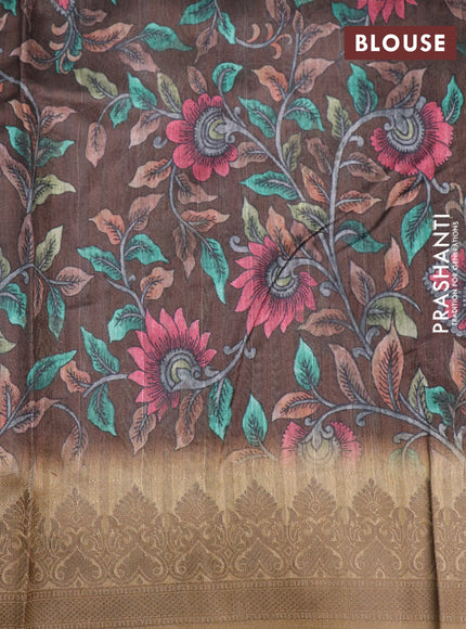 Semi banarasi tussar saree deep brown with allover zig zag prints & woven buttas and woven border